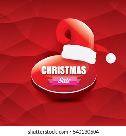vector Christmas sales tag or label with red santa hat. Red winter Christmas sale poster or background