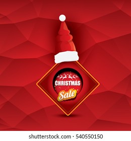 vector Christmas sales tag or label with red santa hat. Red winter Christmas sale poster or background