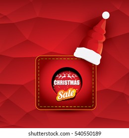vector Christmas sales tag or label with red santa hat. Red winter Christmas sale poster or background
