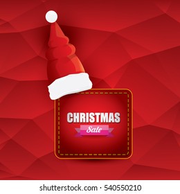 vector Christmas sales tag or label with red santa hat. Red winter Christmas sale poster or background