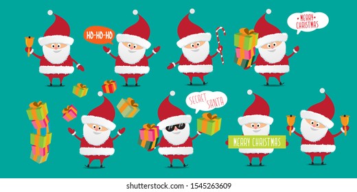 Vector christmas Santa Claus big set with santa holding gifts, secret santa , red hat , christmas tree, presents, sale banner and white beard isolated on turquoise background. Christmas design element