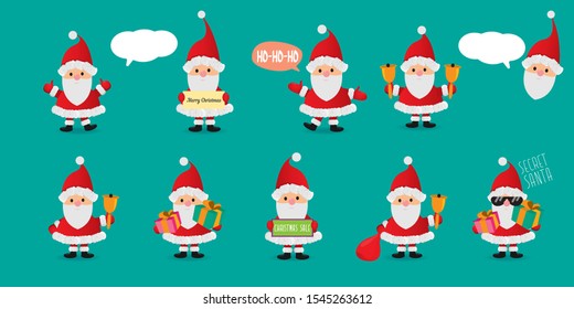Vector christmas Santa Claus big set with santa holding gifts, secret santa , red hat , christmas tree, presents, sale banner and white beard isolated on turquoise background. Christmas design element