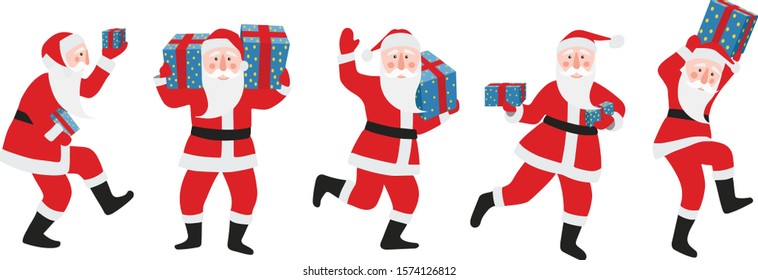 Vector christmas Santa Claus big set with santa holding gifts, secret santa, red hat , presents, and white beard isolated on white background. Christmas design element