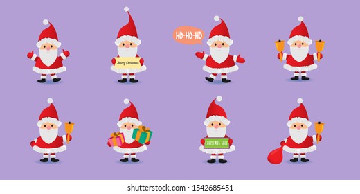 Vector christmas Santa Claus with red hat , gifts, christmas tree, presents , sale banner and white beard set isolated on violet background. Merry christmas design elements. xmas background or banner 