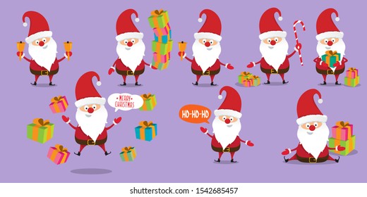 Vector christmas Santa Claus with red hat , gifts, christmas tree, presents , sale banner and white beard set isolated on violet background. Merry christmas design elements. xmas background or banner 