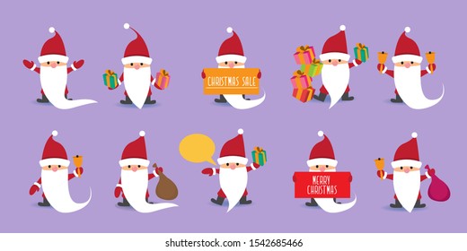 Vector christmas Santa Claus with red hat , gifts, christmas tree, presents , sale banner and white beard set isolated on violet background. Merry christmas design elements. xmas background or banner 