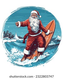 Vector Christmas santa claus summer surfing