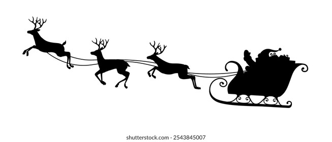 Vector christmas santa claus's flying sleigh with reindeer carrying presents illustration in black silhouette isolated on white background