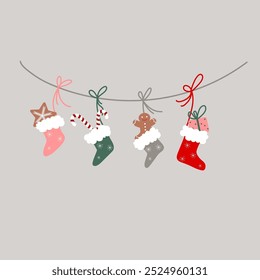 Vector Christmas Santa socks with gingerbread man, star, present and candy stick. Illustration for greeting card, poster, banner, invitations.