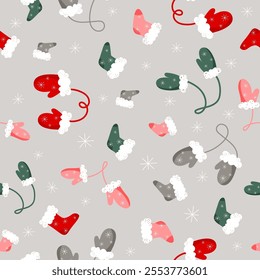 Vector Christmas Santas hand drawn socks and mittens with eco fur, snowflakes seamless pattern.
