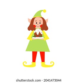 Vector Christmas Santa's helper character isolated on white background. Elf girl holding Christmas cake decorated with holly.