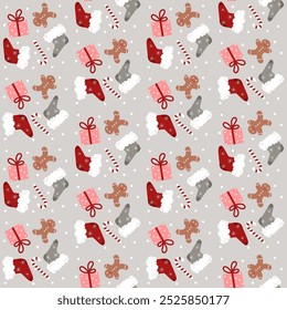 Vector Christmas Santas socks hand drawn seamless pattern with gingerbread man and candy stick
