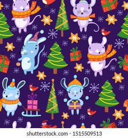 Vector Christmas Scandinavian seamless pattern with winter objects and cute baby mice in hats and scarfs. For apparel, linen, textile, fabric, wrapping paper, souvenirs.