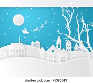 Vector Christmas scene with fir trees, houses, the moon, santa's sleigh, deers, snow and a snowfall. Holiday background with winter landscape. Paper style.