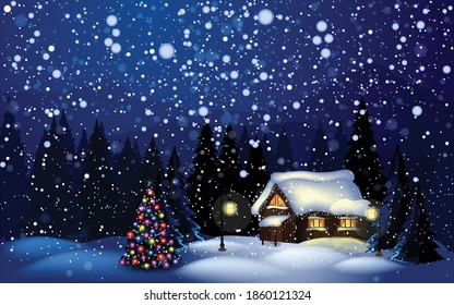 Vector christmas scene, snowfall in christmas night. Little house with christmas tree in the wonderland forest.