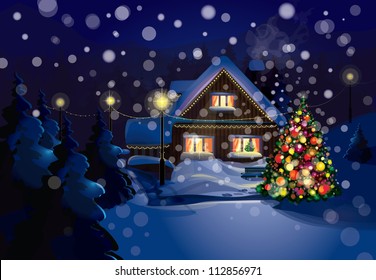 Vector of Christmas scene, snowfall is in separated layer.