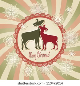 vector christmas scrapbook greeting card with deers and snowflakes, retro style, fully editable eps 10 file with transparency effects, standart AI font