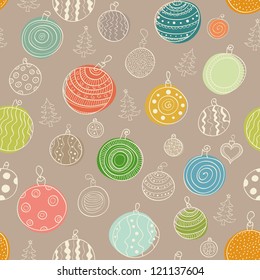 Vector Christmas seamless background with balls and Christmas trees