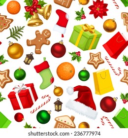 Vector Christmas seamless background with colorful gift boxes, bells, balls, socks, Santa hats, holly, cookies, oranges, candy canes and fir branches.