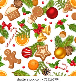 Vector Christmas seamless background with fir branches, balls, bells, gingerbread cookies, candy canes, holly, cones and oranges on a white background.