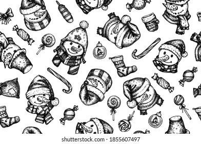 Vector Christmas  seamless background, funny snowmen and Christmas symbols, isolated on white. Hand drawn illustration.