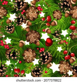 Vector Christmas seamless background with green fir branches, pine cones, red balls, holly leaves and berries, mistletoe, and shining stars.