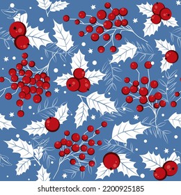 
Vector Christmas seamless background with leaves, holly, and berries on a blue background. Suitable for greeting cards, wrapping paper.