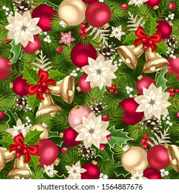 Vector Christmas seamless background with red, pink and gold decorations.