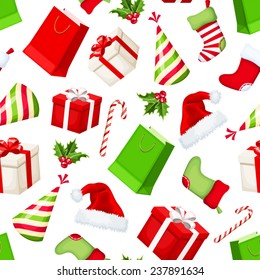 Vector Christmas seamless background with red, green and white gift boxes, gift bags, socks, Santa hats, party hats, holly and candy canes.