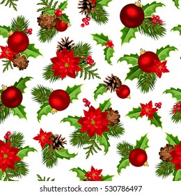 Vector Christmas seamless background with red balls, poinsettia flowers, green fir-tree branches, cones and holly.