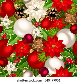 Vector Christmas seamless background with red, white and green fir-tree branches, balls, poinsettia flowers, pinecones and holly.