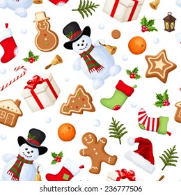 Vector Christmas seamless background with snowmen, socks, Santa hats, holly, boxes, cookies, oranges, snowballs, candy canes and fir branches.