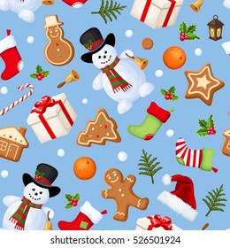 Vector Christmas seamless background with snowmen, stockings, Santa hats, holly, boxes, cookies, oranges, snowballs, candy canes and fir branches on blue.