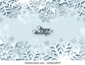 Vector Christmas seamless banner  with 3d snowflakes with shadows