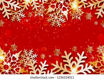 Vector Christmas seamless banner  with 3d snowflakes with shadows