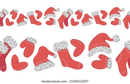 Vector Christmas seamless border made of red Santa hat, mittens, gloves and socks. Merry Christmas and Happy New Year greeting card. Warm knitted winter clothes, web banner design, print, holiday