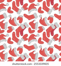 Vector Christmas seamless border made of red Santa hat, mittens, gloves and socks. Merry Christmas and Happy New Year greeting card. Warm knitted winter clothes, web banner design, print, holiday