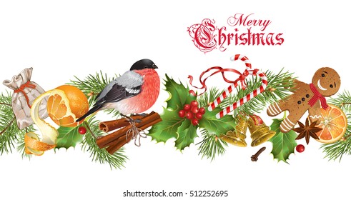 Vector Christmas seamless border with traditional decoration, Christmas tree branches and bullfinch. Design for any kind of products. Best for clothes, sweets, chocolate, cosmetics, tea and coffee