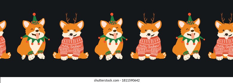 Vector Christmas seamless border for washi tape with funny corgi in costume for Xmas party. Funny puppy in ugly sweater and elf hat.