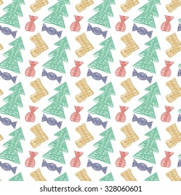 Vector Christmas seamless colored pattern with Christmas trees, candy and boots on a white background. Option 2. Eps 10.