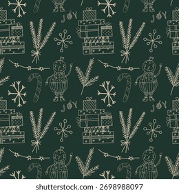 Navidades de Vector sin patrón de estilo doodle con estrellas, pino, regalos, muñeco de nieve, Navidades bolas de juguete y confeti.  Sobre un fondo verde