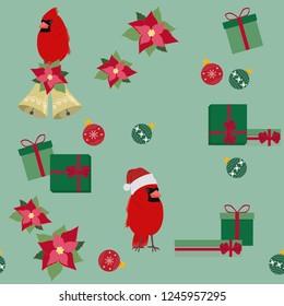 Vector Christmas seamless illustration with birds. Cardinal in Santa hat, gifts, balls. For decoration of textiles, packaging, web design.