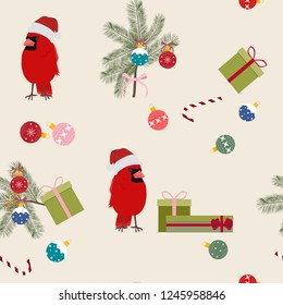 Vector Christmas seamless illustration with birds. Cardinal in Santa hat, gifts, Christmas tree branch with balls. For decoration of textiles, packaging, web design.