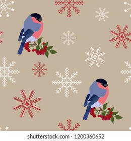 Vector Christmas seamless illustration with bullfinch bird and snowflakes on beige background. For decorating textiles, packaging, covers.