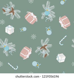 Vector Christmas seamless illustration with gifts, fir, Christmas balls. For textile decoration, packaging, web design.