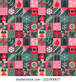 Vector Christmas seamless pattern assembled from squares with Christmas symbols and geometric ornaments. Vector holiday endless background of new year symbols in modern style.