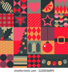 Vector Christmas seamless pattern assembled from squares with Christmas symbols and geometric ornaments. Vector holiday endless background of new year symbols in modern style.