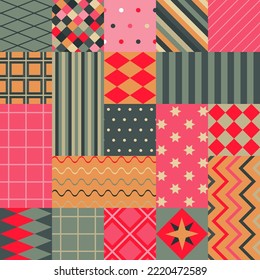 Vector Christmas seamless pattern assembled from squares with Christmas symbols and geometric ornaments. Vector holiday endless background of new year symbols in modern style.