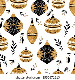 Vector Christmas seamless pattern with balls and decorative items in Scandinavian style. Perfect for invitation, wrapping paper and Christmas decoration.