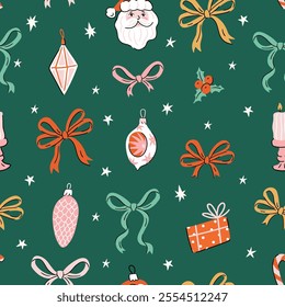 Vector Christmas seamless pattern. Christmas balls and preppy colorful bows on green background. New Year seamless pattern in hand-drawn style.